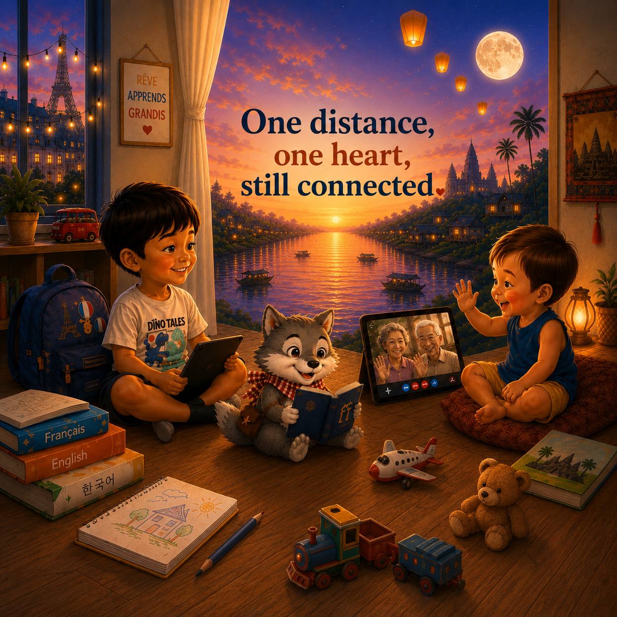 Storybook KhmerBridge scene connecting children abroad with grandparents in Cambodia